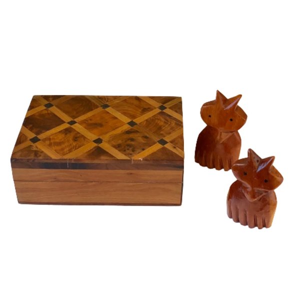 Vintage Wood Hinged Box with Lid + 2 Hand Carved Kitty Cats Middle East - Picture 15 of 15